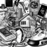 dibujo de cosas relacionadas con como ahorrar en tecnologia y dispositivos electronicos by norman rockwell black and withe high quality hyper detailed