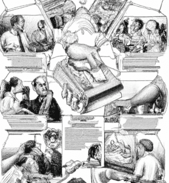 dibujo de cosas relacionadas con como evaluar las opciones de acciones y participaciones en empresas by norman rockwell black and withe high quality hyper detailed