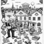 dibujo de cosas relacionadas con el impacto de los impuestos municipales en la propiedad by norman rockwell black and withe high quality hyper detailed
