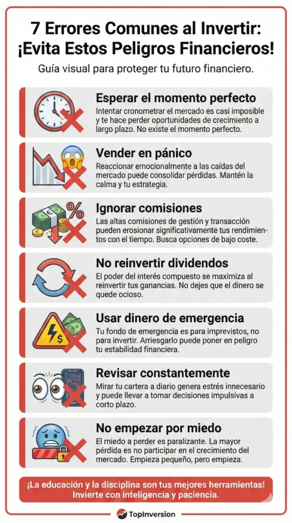 Lista de errores comunes al invertir en S&P 500 con iconos de advertencia y consejos para evitarlos