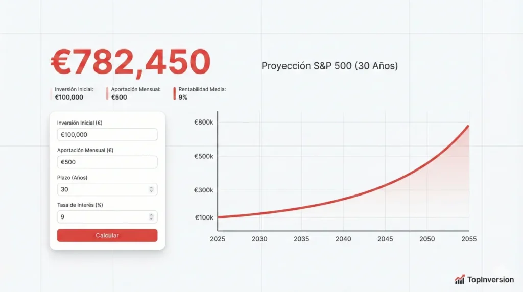 Calculadora S&P 500 mostrando proyección de inversión a 30 años con interés compuesto y gráfico de crecimiento exponencial