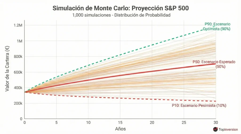 Gráfico de simulación Monte Carlo con 1000 escenarios posibles de inversión en S&P 500 mostrando percentiles"