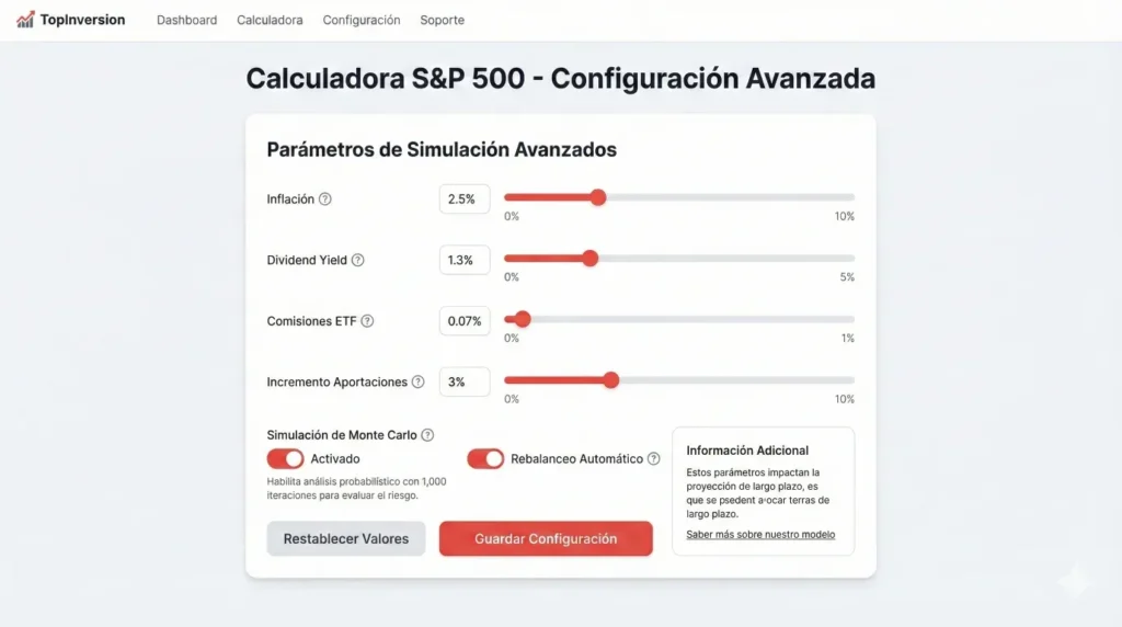 Opciones avanzadas de la calculadora S&P 500 mostrando configuración de inflación, dividendos, comisiones y aportaciones