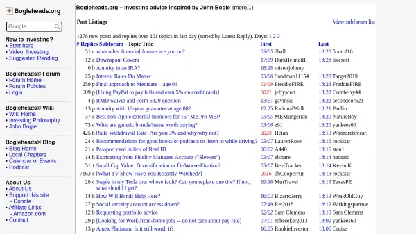 Página web de Bogleheads mostrando principios de inversión minimalista para bienestar financiero