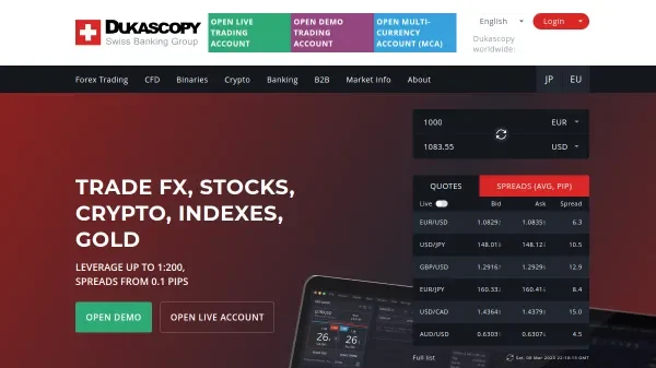 Interfaz de Dukascopy mostrando su aplicación con estándares de seguridad suizos